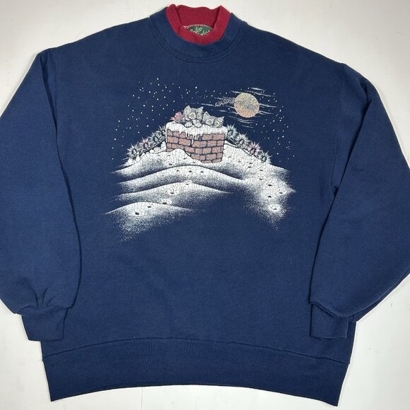 Vtg Calico Harbor Women Blue Sweatshirt Cats In Chimney Print Christmas Sz L USA - Picture 3 of 6